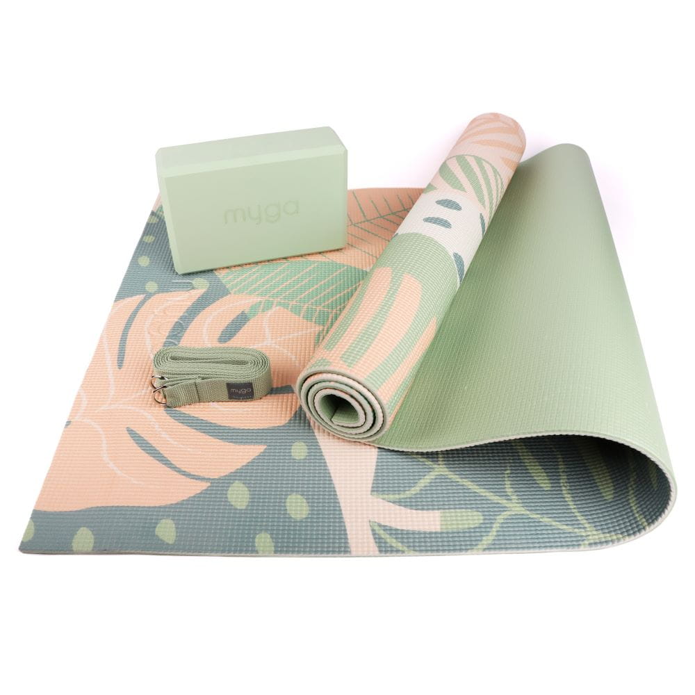 Zestaw do jogi myga Palm Yoga Set: mata, klocek, pasek