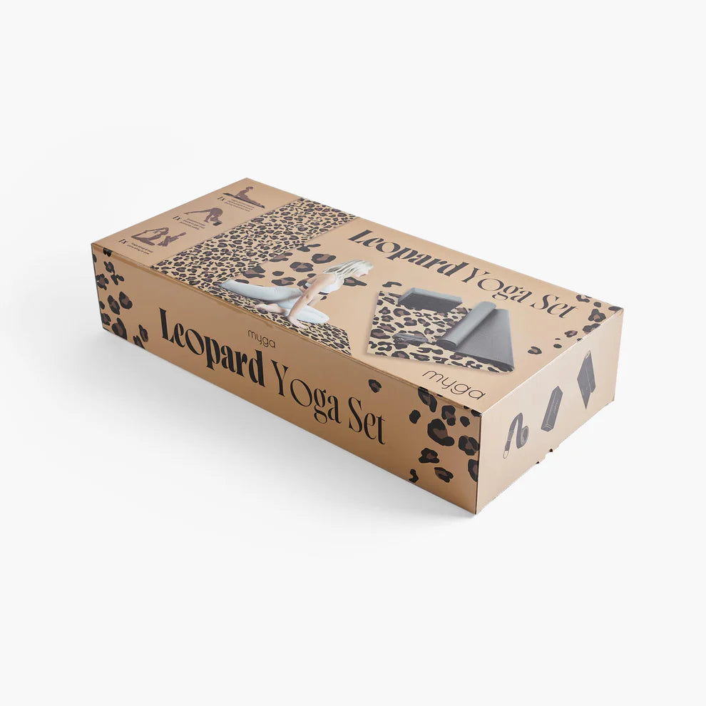 Zestaw do jogi Leopard Yoga Set: mata, klocek, pasek