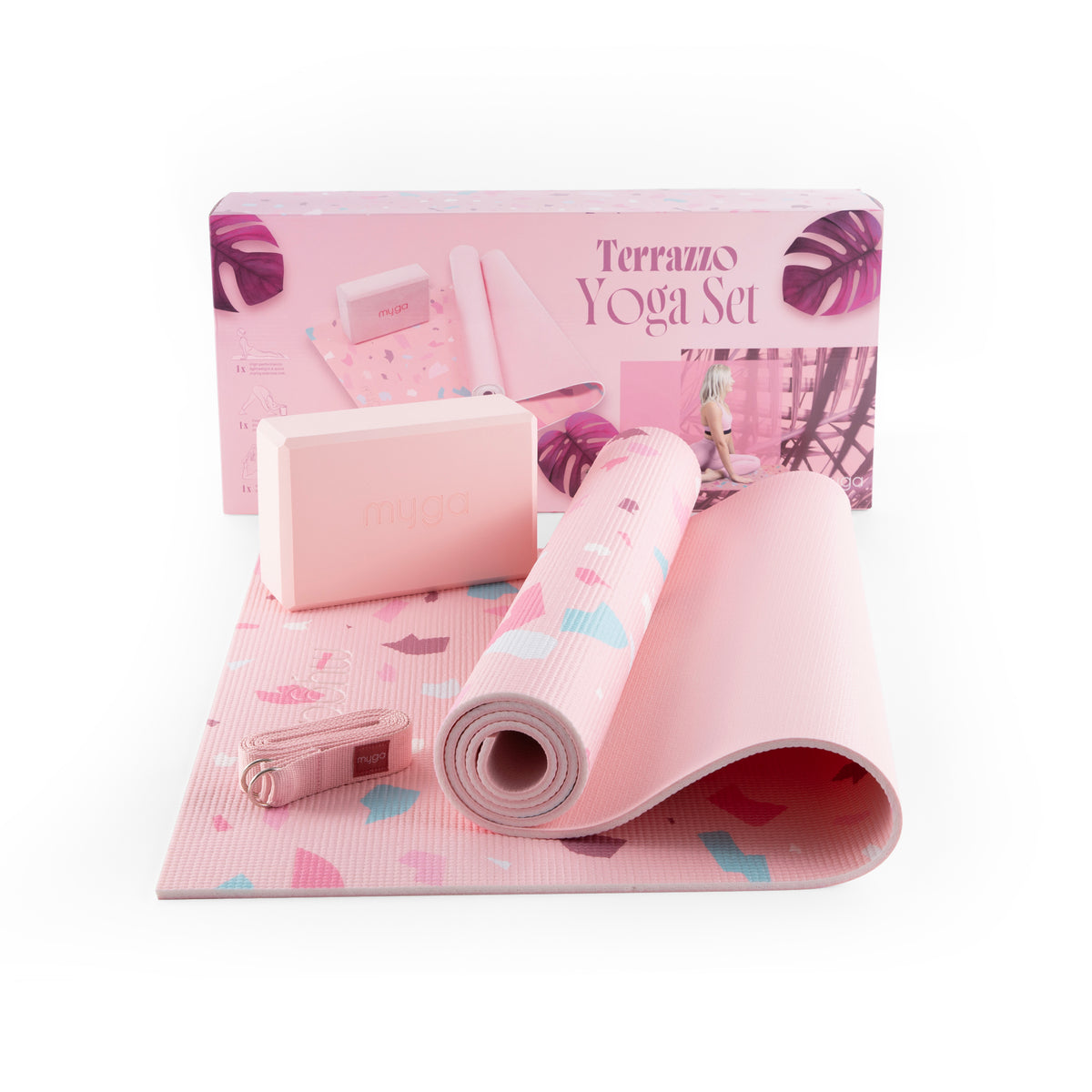 Zestaw do jogi myga Terrazzo Yoga Set: mata, klocek, pasek