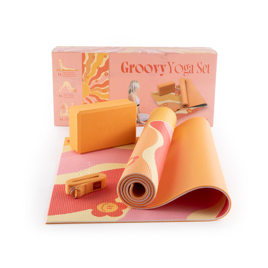 Zestaw do jogi Groovy Yoga Set: mata, klocek, pasek