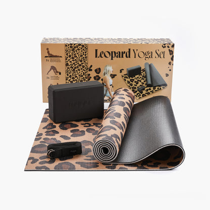 Zestaw do jogi Leopard Yoga Set: mata, klocek, pasek