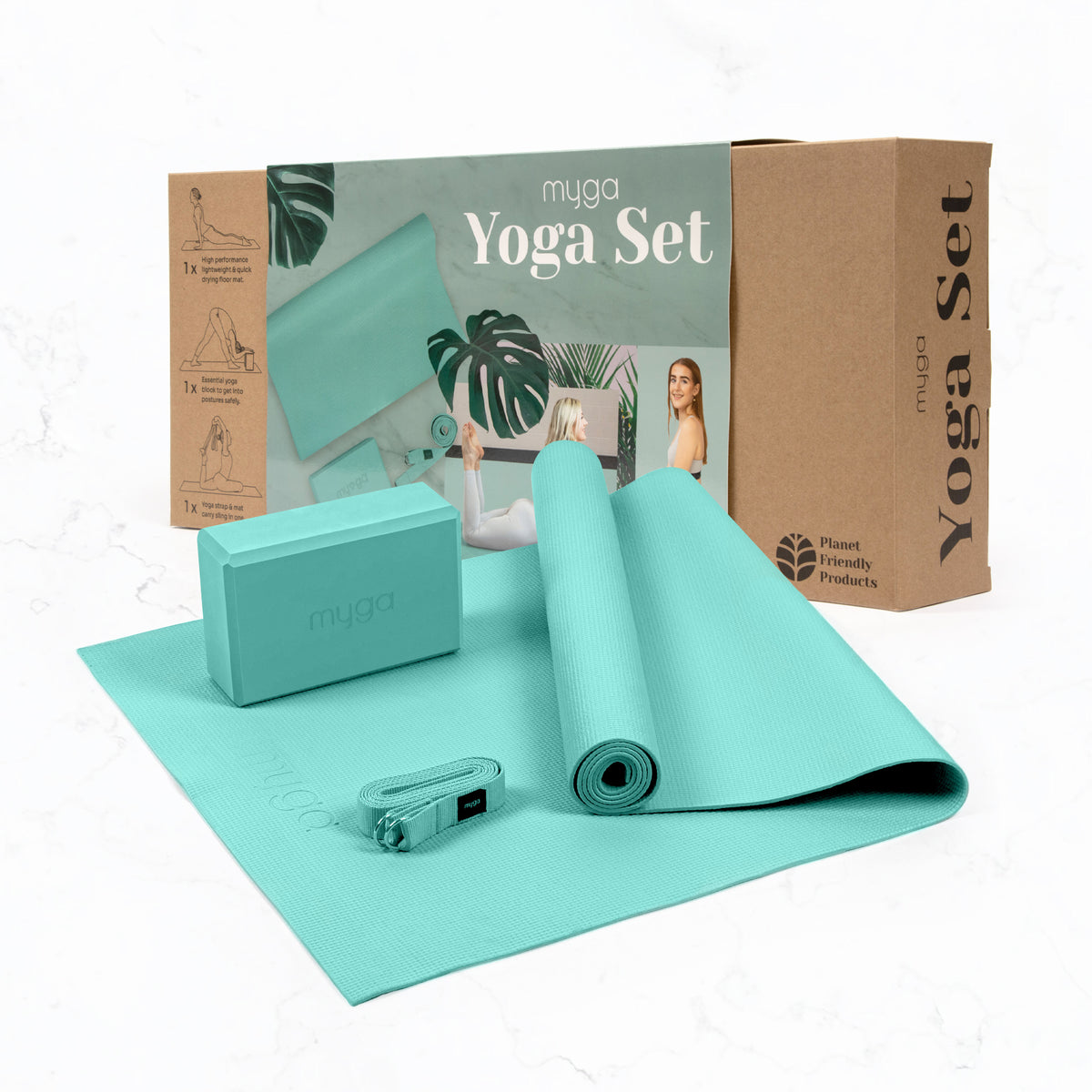 Zestaw do jogi Yoga Starter Kit: mata, klocek, pasek - turkusowy