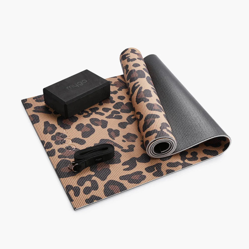 Zestaw do jogi Leopard Yoga Set: mata, klocek, pasek