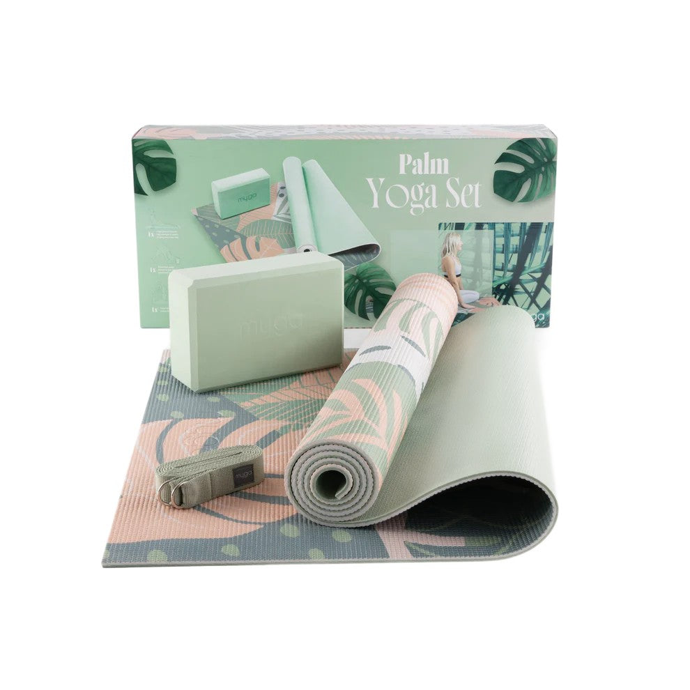 Zestaw do jogi myga Palm Yoga Set: mata, klocek, pasek
