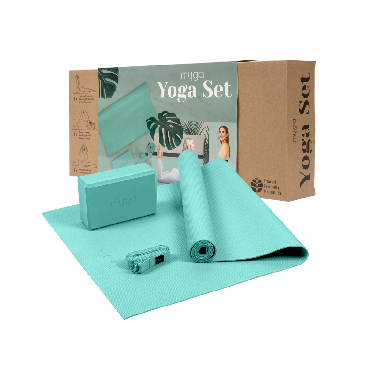 Zestaw do jogi Yoga Starter Kit: mata, klocek, pasek - turkusowy
