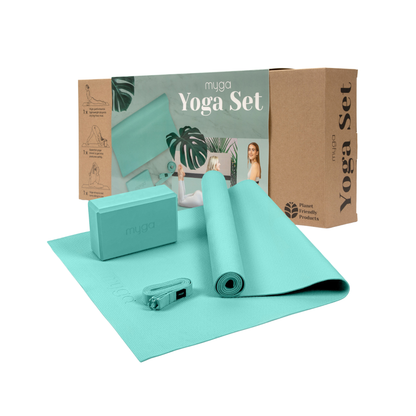 Zestaw do jogi Yoga Starter Kit: mata, klocek, pasek - turkusowy