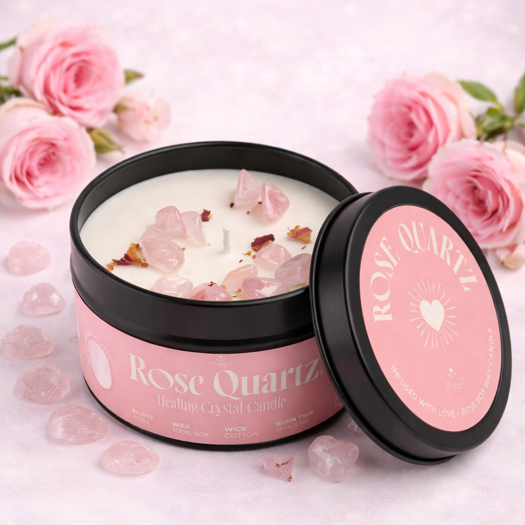 Świeca myga z kamieniami naturalnymi - Różowy Kwarc
